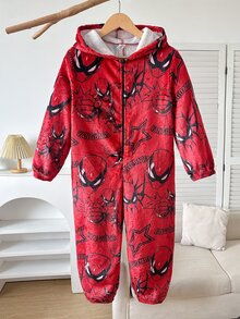 SHEIN 兒童青少年男孩秋冬款圖案長袖連帽拉鍊式親膚柔軟雙面法蘭絨居家連身衣，萬聖節秋季 - 紅色 - 查看 7