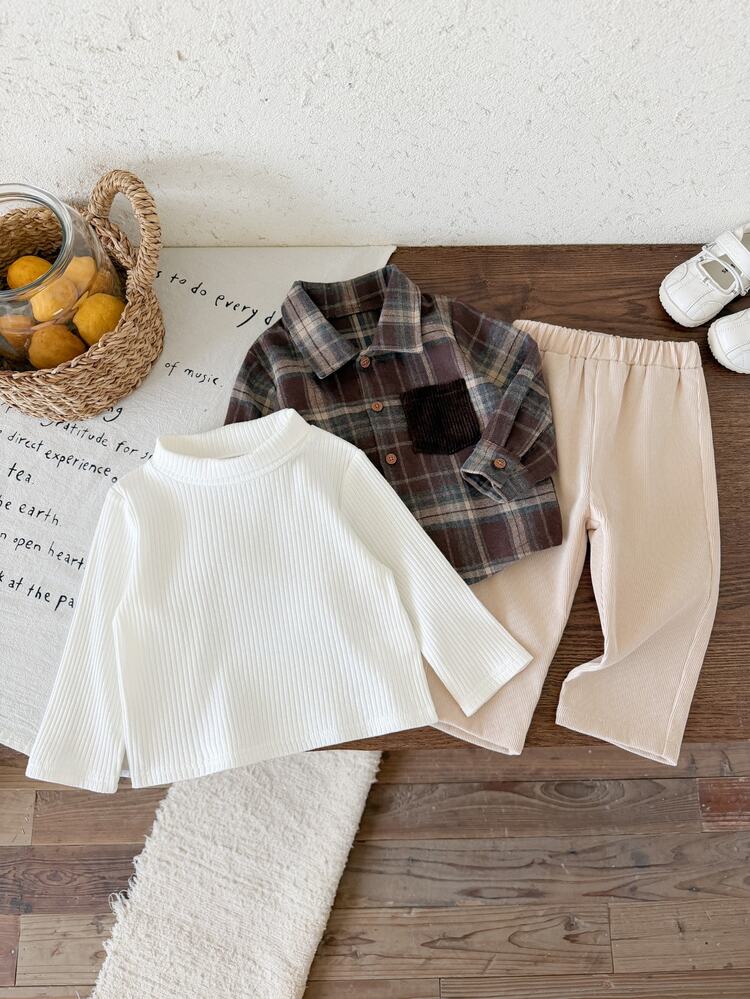 3pcs Set Includes White T-Shirt, Baby Boy Autumn/Winter Casual Plaid Shirt, White Turtleneck T-Shirt, Corduroy Long Pants Set, Plaid Set, Jacket Set, Shirt Set, T-Shirt Set - Multicolor - View 8