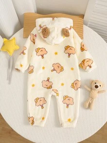 SHEIN Newborn Baby Boy Autumn/Winter Cute Fluffy Cartoon Pattern Hooded Romper, Fleece Romper, Bear Romper, Halloween Romper - Multicolor - View 2