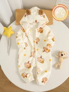 SHEIN Newborn Baby Boy Autumn/Winter Cute Fluffy Cartoon Pattern Hooded Romper, Fleece Romper, Bear Romper, Halloween Romper - Multicolor - View 5