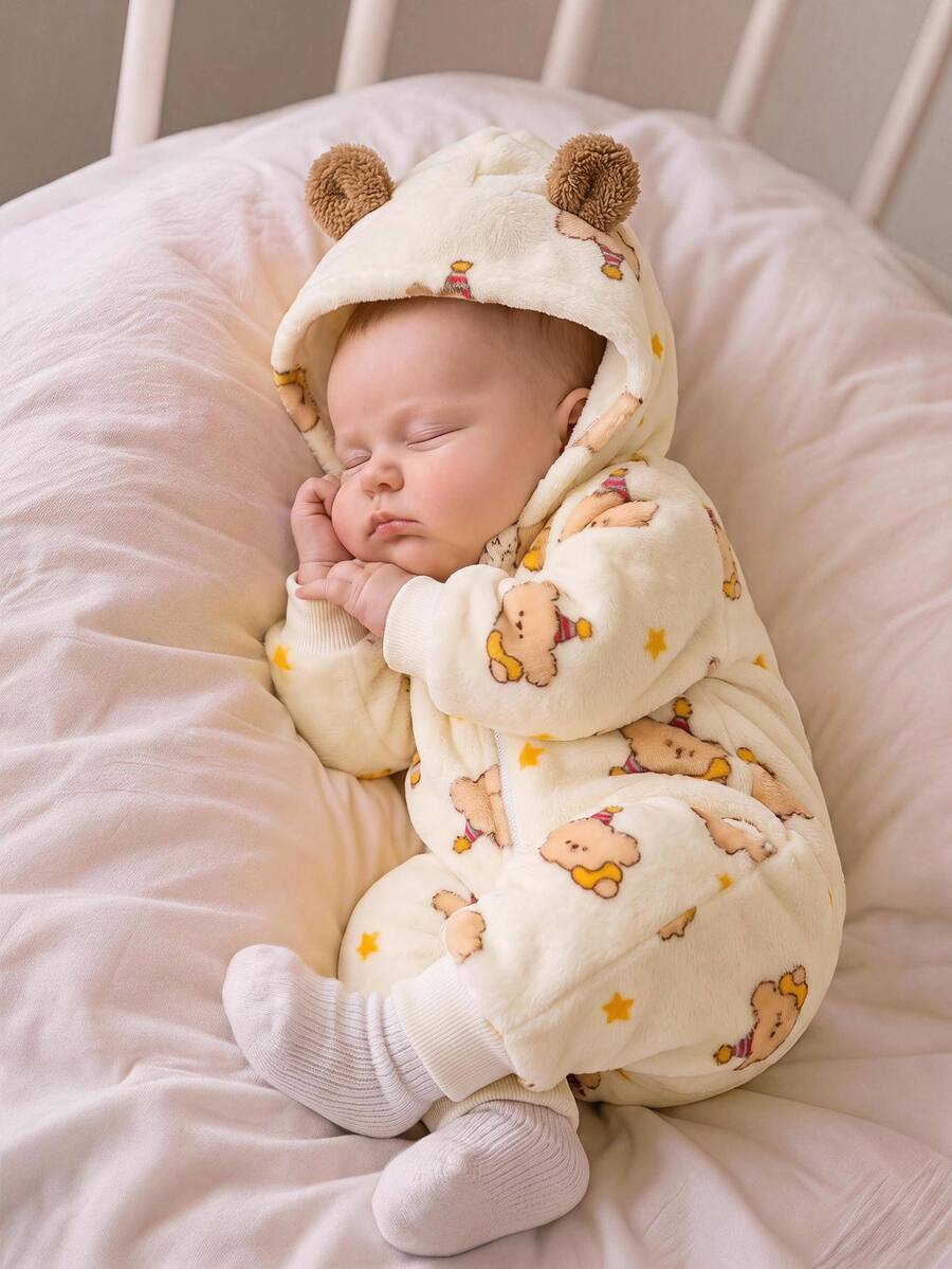 SHEIN Newborn Baby Boy Autumn/Winter Cute Fluffy Cartoon Pattern Hooded Romper, Fleece Romper, Bear Romper, Halloween Romper - Multicolor - View 1