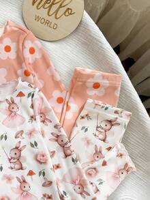 SHEIN Cute Baby Girls Floral & Cartoon Pattern Long Sleeve Knitted Loungewear Set - Multicolor - View 7