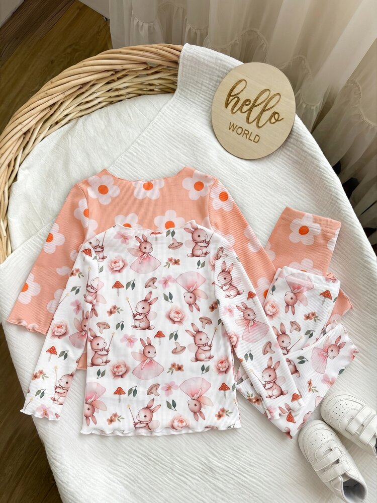 SHEIN Cute Baby Girls Floral & Cartoon Pattern Long Sleeve Knitted Loungewear Set - Multicolor - View 2