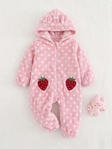 SHEIN Newborn Baby Girl Cute Polka Dot Strawberry Splice Furry Hooded Jumpsuit For Fall/Winter - Pink - View 5