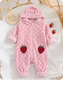 SHEIN Newborn Baby Girl Cute Polka Dot Strawberry Splice Furry Hooded Jumpsuit For Fall/Winter - Pink - View 7