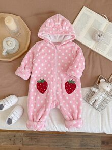 SHEIN Newborn Baby Girl Cute Polka Dot Strawberry Splice Furry Hooded Jumpsuit For Fall/Winter - Pink - View 6