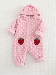 SHEIN Newborn Baby Girl Cute Polka Dot Strawberry Splice Furry Hooded Jumpsuit For Fall/Winter - Pink - View 4
