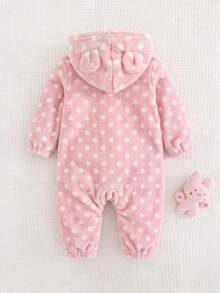 SHEIN Newborn Baby Girl Cute Polka Dot Strawberry Splice Furry Hooded Jumpsuit For Fall/Winter - Pink - View 2