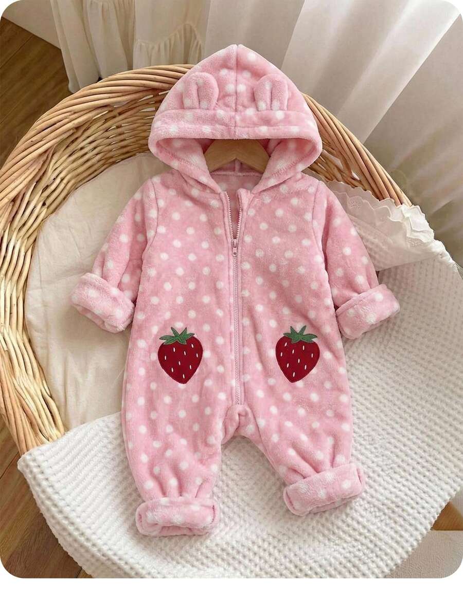 SHEIN Newborn Baby Girl Cute Polka Dot Strawberry Splice Furry Hooded Jumpsuit For Fall/Winter - Pink - View 1