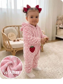SHEIN Newborn Baby Girl Cute Polka Dot Strawberry Splice Furry Hooded Jumpsuit For Fall/Winter - Pink - View 8