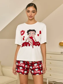 Betty Boop x SHEIN Women's Cartoon Print Short Sleeve Top And Shorts Pajama Set - Red and White - View 5