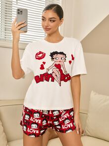 Betty Boop x SHEIN Women's Cartoon Print Short Sleeve Top And Shorts Pajama Set - Red and White - View 3