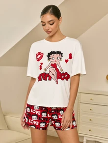 Betty Boop x SHEIN Women's Cartoon Print Short Sleeve Top And Shorts Pajama Set - Red and White - View 6