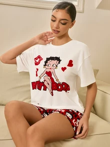 Betty Boop x SHEIN Women's Cartoon Print Short Sleeve Top And Shorts Pajama Set - Red and White - View 1
