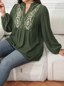 Vionelle Plus Size Spring & Autumn Casual/Commute Solid Color Half-Placket Front Embroidery Lantern Sleeve Small Stand Collar Long Sleeve Blouse Peplum Top - Army Green - View 6