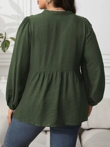Vionelle Plus Size Spring & Autumn Casual/Commute Solid Color Half-Placket Front Embroidery Lantern Sleeve Small Stand Collar Long Sleeve Blouse Peplum Top - Army Green - View 2