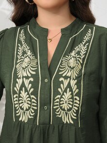Vionelle Plus Size Spring & Autumn Casual/Commute Solid Color Half-Placket Front Embroidery Lantern Sleeve Small Stand Collar Long Sleeve Blouse Peplum Top - Army Green - View 4