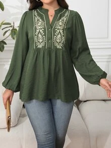 Vionelle Plus Size Spring & Autumn Casual/Commute Solid Color Half-Placket Front Embroidery Lantern Sleeve Small Stand Collar Long Sleeve Blouse Peplum Top - Army Green - View 5