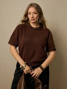 Freevana Women's Plus Size Short Sleeve Pullover Sweater Solid Brown Top Lace Trim Elegant Casual Streetwear Chestnut Color Spring Summer Early Autumn Sweater - Brown - View 6
