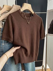 Freevana Women's Plus Size Short Sleeve Pullover Sweater Solid Brown Top Lace Trim Elegant Casual Streetwear Chestnut Color Spring Summer Early Autumn Sweater - Brown - View 7