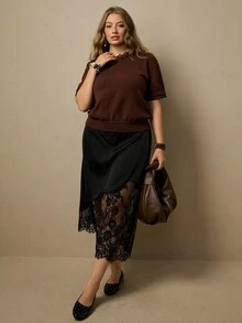 Freevana Women's Plus Size Short Sleeve Pullover Sweater Solid Brown Top Lace Trim Elegant Casual Streetwear Chestnut Color Spring Summer Early Autumn Sweater - Brown - View 4