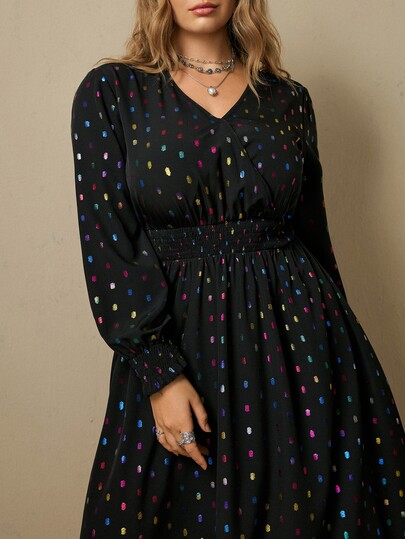 Freevana Women's Plus Size V-Neck Long Sleeve Long Dress, Elastic Waist,,Colorful Polka Dot Shiny Fabric, Elegant For Outings And Parties, Autumn/Winter/Spring
