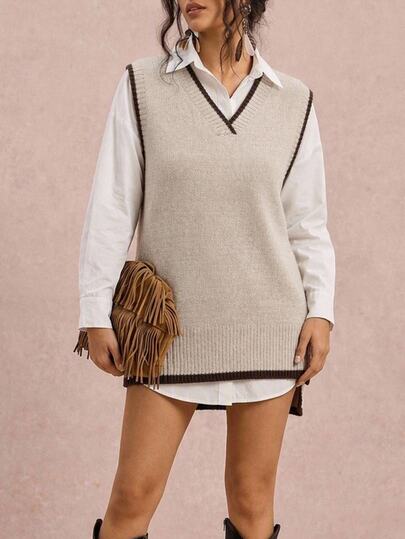 Freevana Women's Plus Size V-Neck Sweater Vest, Khaki And Brown Colorblock Loose Pullover Sweater, Elegant Casual Daily Commute Autumn/Winter Women's Clothing