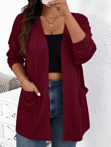 SHEIN Essnce Plus Size Women's Solid Color Long Sleeve Open Front Casual Smart Pocket Jacket Autumn Office Rodeo Fall - Rose Red - View 1