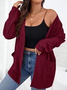 SHEIN Essnce Plus Size Women's Solid Color Long Sleeve Open Front Casual Smart Pocket Jacket Autumn Office Rodeo Fall - Rose Red - View 4