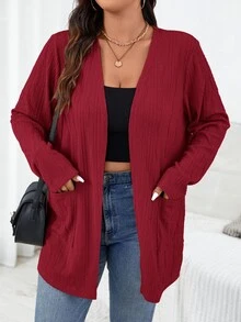 SHEIN Essnce Plus Size Women's Solid Color Pocket Casual Versatile Daily Wear Long Sleeve Jacket Fall - Red - View 6