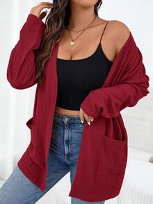 SHEIN Essnce Plus Size Women's Solid Color Pocket Casual Versatile Daily Wear Long Sleeve Jacket Fall - Red - View 1