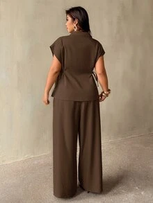 Auralis Plus Size Women's Lapel NeckSingle Button Jacket And Wide Leg Pants Elegant Suit Set Teachers' Day Formal Office Chocolate Brown Summer - Brown - View 4