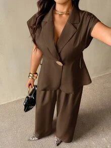 Auralis Plus Size Women's Lapel NeckSingle Button Jacket And Wide Leg Pants Elegant Suit Set Teachers' Day Formal Office Chocolate Brown Summer - Brown - View 6