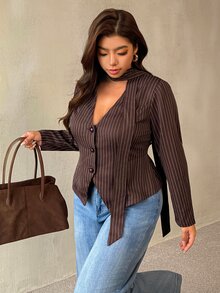 Auralis Plus Size Women's Brown Long Sleeve Single-Breasted Elegant Casual Smart Blazer Office Business Summer - Brown - View 6