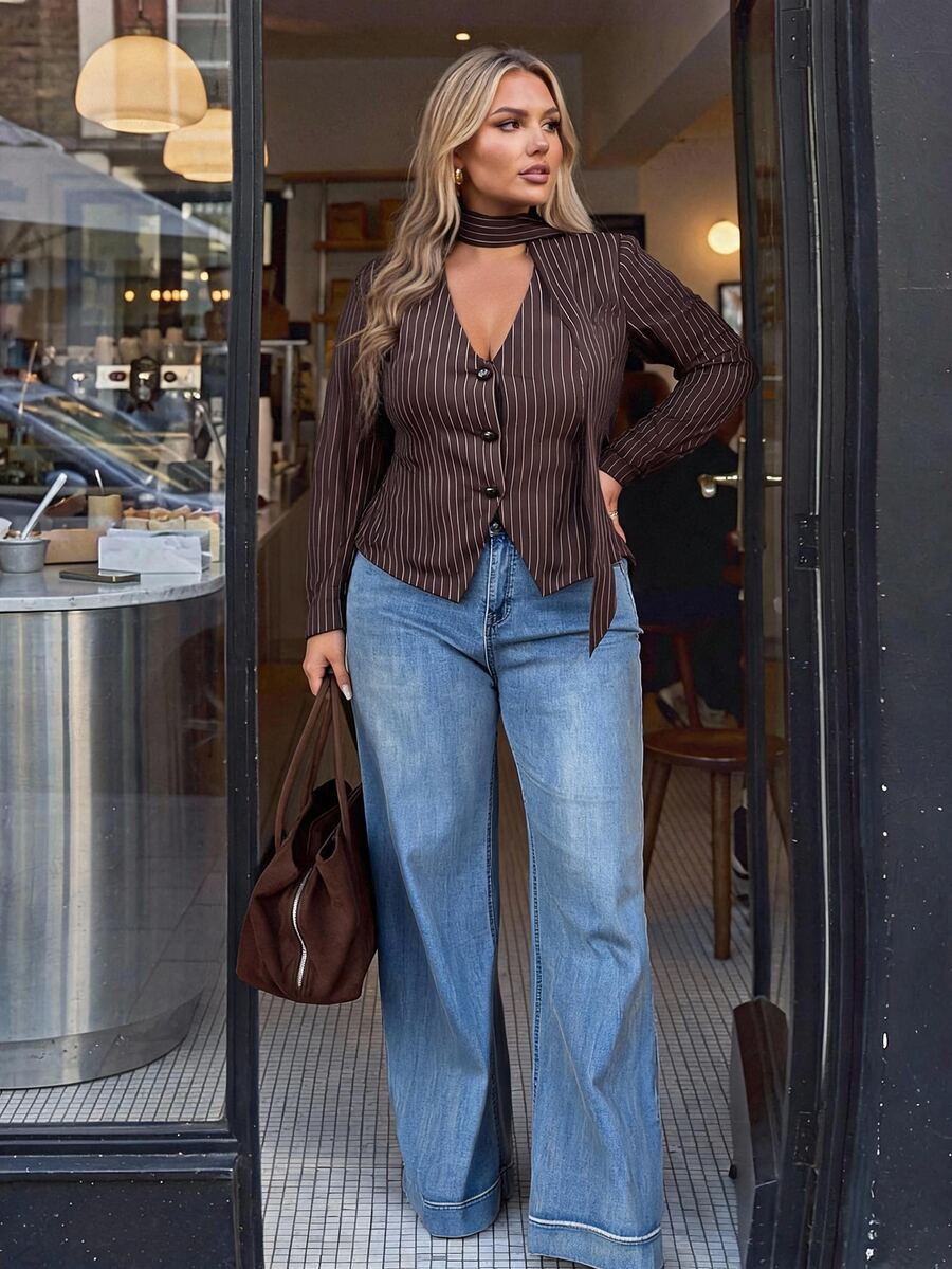 Auralis Plus Size Women's Brown Long Sleeve Single-Breasted Elegant Casual Smart Blazer Office Business Summer - Brown - View 1
