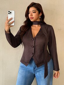 Auralis Plus Size Women's Brown Long Sleeve Single-Breasted Elegant Casual Smart Blazer Office Business Summer - Brown - View 4