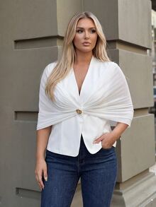 Auralis Plus Size Women's Metal Decor Pleated Elegant Design Blazer - White - View 2