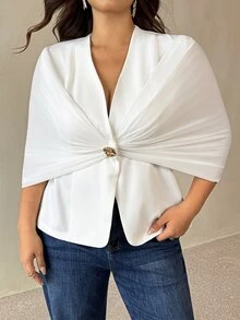Auralis Plus Size Women's Metal Decor Pleated Elegant Design Blazer - White - View 8