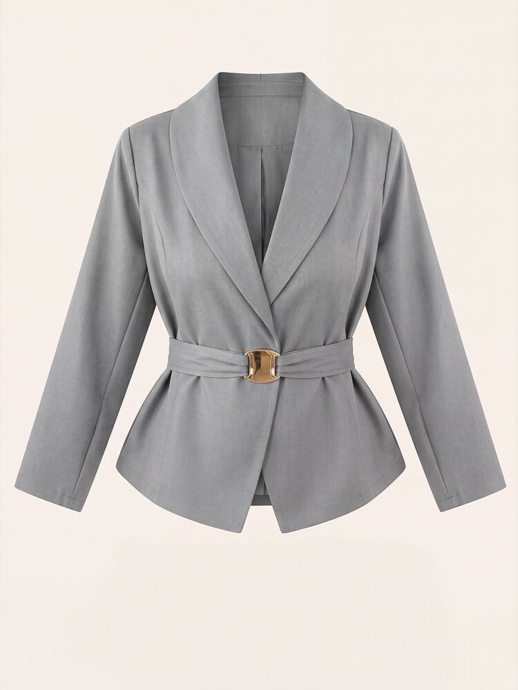 Auralis Blazer de talla grande gris de manga larga con cintura ajustada, elegante casual, decente para oficina, noche, formal y brunch, con hebilla de metal y botón oculto, falda de cola de sirena para verano - Gris - Añade 9