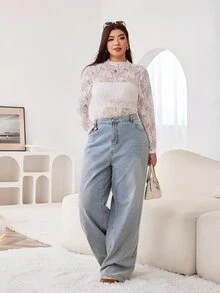 Solflare Plus Mock Neck Lace Tee Without Tube Top Autumn Vacation Party Floral White Elegant - White - View 3