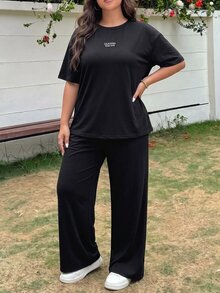 Muchica Plus Size Women's Letter Print Denim Short Sleeve T-Shirt And Wide Leg Pants Casual 2-Piece Set Fall - Multicolor - View 6