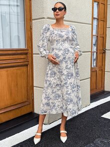 MaterniWear Gaun Hamil Elegan Lengan Panjang Leher Persegi dengan Motif Bunga dan Renda Kontras untuk Musim Gugur dan Acara Bisnis - Biru - View 4