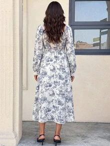 MaterniWear Gaun Hamil Elegan Lengan Panjang Leher Persegi dengan Motif Bunga dan Renda Kontras untuk Musim Gugur dan Acara Bisnis - Biru - View 7
