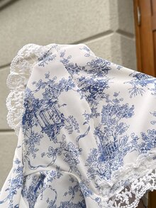MaterniWear Gaun Hamil Elegan Lengan Panjang Leher Persegi dengan Motif Bunga dan Renda Kontras untuk Musim Gugur dan Acara Bisnis - Biru - View 8