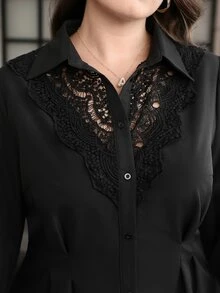 Chikora Gaun Kasual Harian Musim Panas/Musim Gugur untuk Wanita Ukuran Plus dengan Motif Renda dan Patchwork - Hitam - View 6
