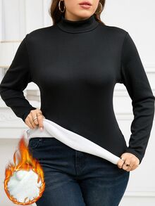 SHEIN Clasi 1件女款黑色長袖保暖內裡發熱T恤，大尺碼，秋冬正式節日休閒寬鬆款 - 黑色 - 查看 9