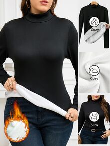 SHEIN Clasi 1件女款黑色長袖保暖內裡發熱T恤，大尺碼，秋冬正式節日休閒寬鬆款 - 黑色 - 查看 10