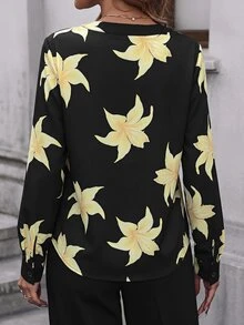 SHEIN Clasi 女款優雅新款秋季花卉印花領口襯衫，職場襯衫，長袖上衣，秋冬優雅風格 - 彩色 - 查看 2