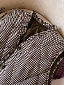 SHEIN Clasi 女款單排扣棕色格紋菱格紋絎縫冬季背心 - 摩卡棕 - 查看 6
