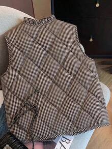 SHEIN Clasi 女款單排扣棕色格紋菱格紋絎縫冬季背心 - 摩卡棕 - 查看 7